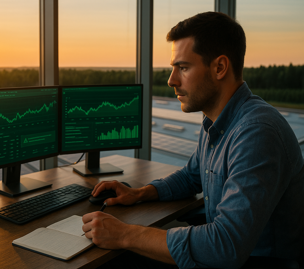Energiehandelaar analyseert real-time grafieken op drie schermen in een moderne kantoorruimte met uitzicht op zonnepanelen bij zonsopgang