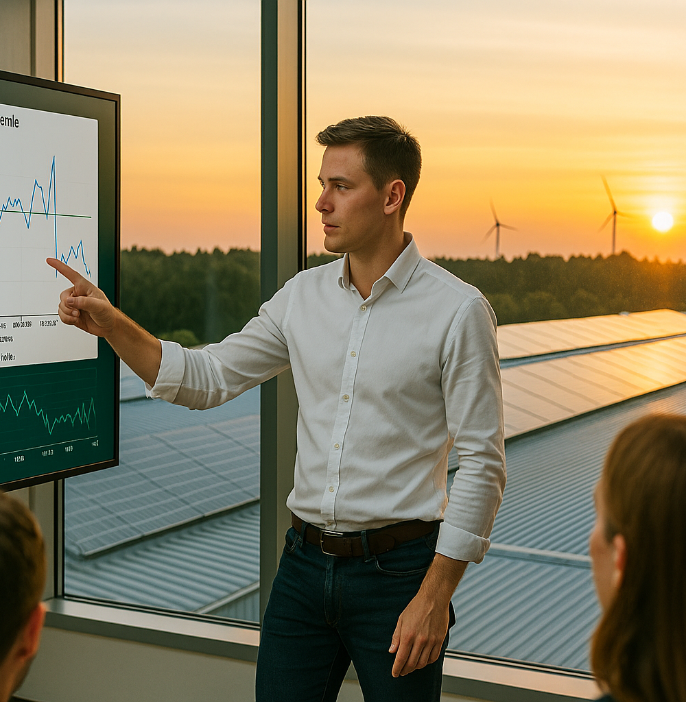 Energie-expert presenteert real-time netfrequentie-analyses in moderne vergaderruimte met uitzicht op zonnepanelen en windmolens bij zonsopgang