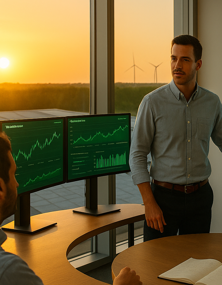 Een energie-expert geeft een presentatie voor collega’s in een moderne, lichte conferentieruimte. Op grote schermen zijn real-time grafieken te zien van Profiteia, met data over elektriciteitsprijzen en netfrequentie.