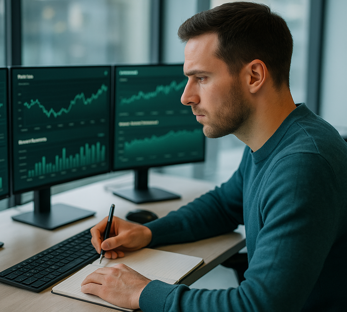 Energiehandelaar analyseert real-time data en marktgrafieken via het Profiteia-dashboard in een moderne werkomgeving