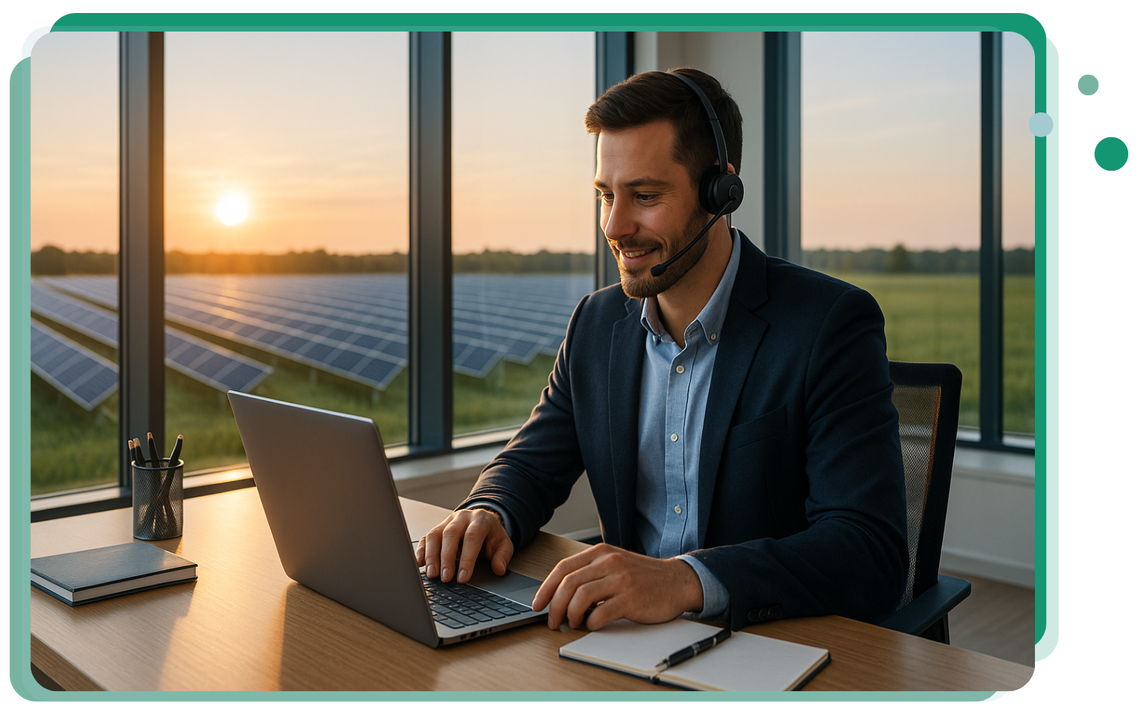 Professionele medewerker van Profiteia achter bureau in modern kantoor met glazen wanden en uitzicht op groene weide met zonnepanelen, klaar om gebruikers te ondersteunen met energie- en datagedreven oplossingen.