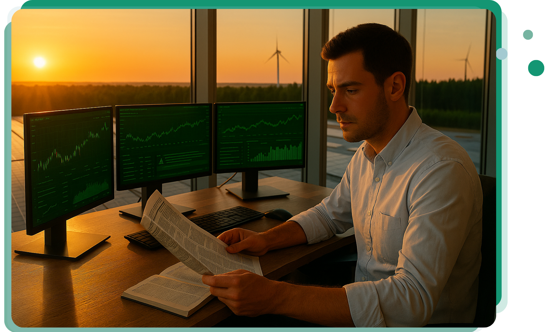 Man analyseert energie- en marktdata op drie schermen met real-time grafieken, op de achtergrond windmolens bij zonsondergang.